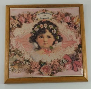 PIASTRELLA DA PARETE incorniciata angelo ragazza benedica la nostra casa con felicità rosa 7" x 7" - Foto 1 di 5