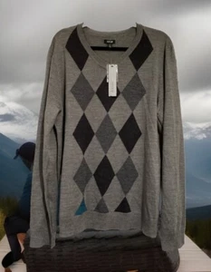APT.9 NWT Merino Blend Mens Sz XL Gray Long Sleeve V-Neck Diamond Sweater - Picture 1 of 8