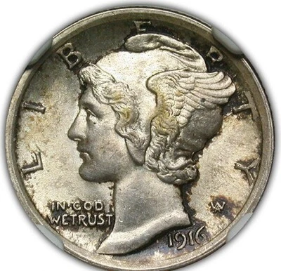 1916 MERCURY DIME NGC MS 62 FULL BANDS QUITE NICE IN GLOSSY OFF WHITE ACCENTED - Image 1 of 4