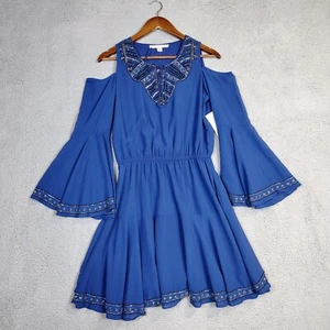 Boston Proper Dress Women XS Blue Cold Shoulder Bell Sleeve Embellish Preppy NWT - Picture 1 of 16