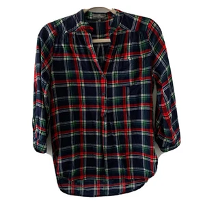 Market & Spruce Top Womens Small Multicolor Plaid Cotton Popover Blouse - Picture 1 of 6