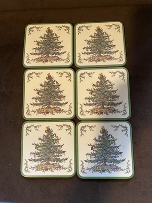 Vtg Set Of Boxed 6 Spode Christmas Tree Santa Cork Coasters Great Cond. - Image 1 of 4