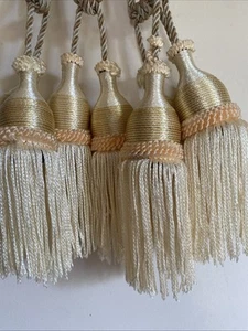 Two Sets of 2 Double Tassel Curtain Tiebacks With Brass Hook Beige 47cm Drop NEW - Picture 1 of 9