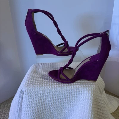 Brian Atwood Priscilla Fuchsia/Purple Suede Wedge Sandals Shoes, Size 8 - Image 1 of 4