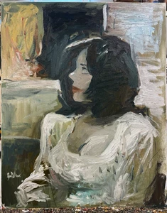 Gothic Americana Portrait Girl Interior Art Deco Oil Painting 16"x20" Canvas - Picture 1 of 2