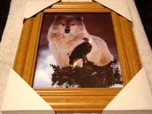 WOLF AND EAGLE 11X13 MDF FRAMED PICTURE POSTER ( WOOD LOOK FRAME ) - Picture 1 of 2