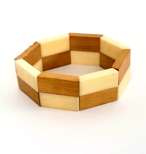 Vintage Stretch Armband, Holz & Kunststoff?, Made in Taiwan Republik China Etikett - Bild 1 von 12