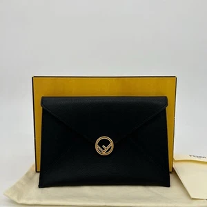 Fendi F Flat Mini Pouch Clutch Black Pebbled Leather with Gold Hardware - Picture 1 of 21
