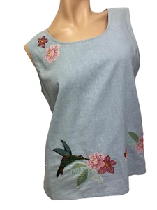 NWT DRESSED by David Dart Tank Blouse MEDIUM Multicolor Floral Appliques on Blue - Picture 1 of 13