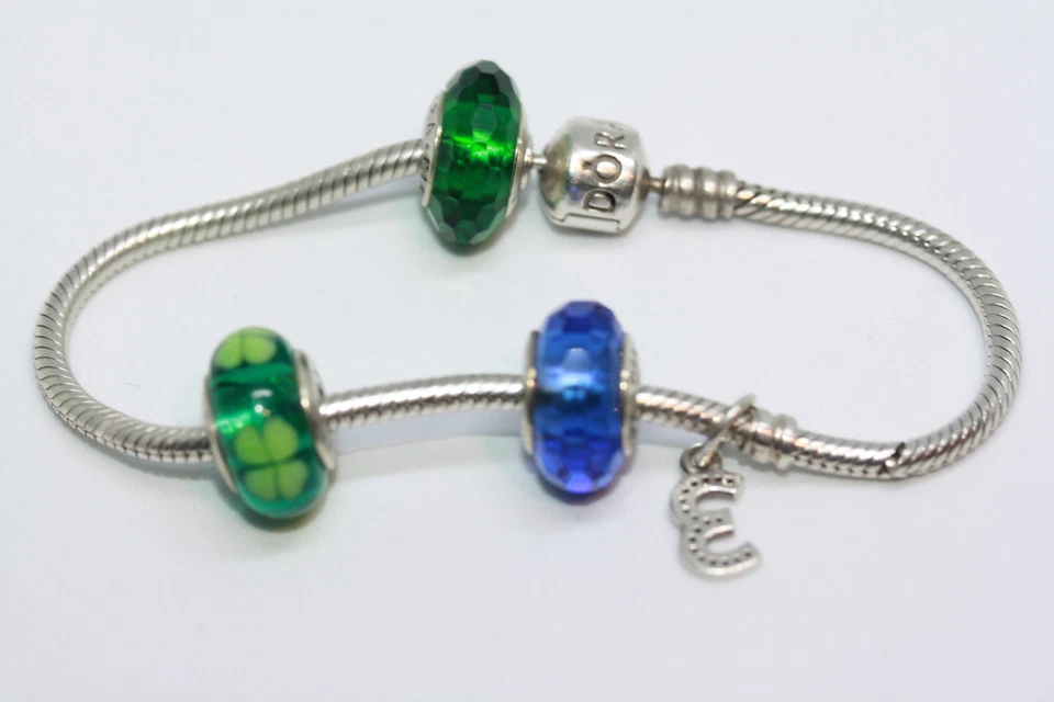 Pandora 925 Sterling Silver 4H 3 Blue Green Irish Charm Snake Chain 7" Bracelet  - Image 1 of 4