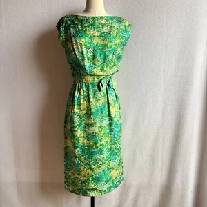 Vintage 1950s Blue Green Silk & Rhinestone Blousy Midcentury Sheath Dress - Picture 1 of 17
