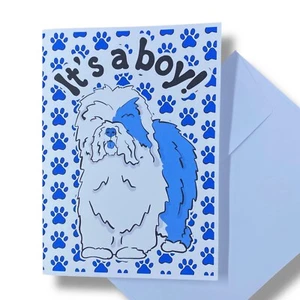 Old English Sheepdog Its a Boy Announcement Card Handmade Baby Shower Gift 5x7" - Picture 1 of 5