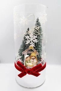 Vaso Natalizio Bagutta Vetro e Argento Con Led Luce Calda Sacra Famiglia Presepe - Picture 1 of 2
