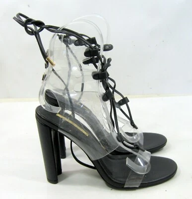Zapatos Sexy Negros CLAROS 4.5" BLOQUE Tacón Punta Abierta Con Cordones EE. UU. MUJERES Talla 8     Foto 1 de 4
