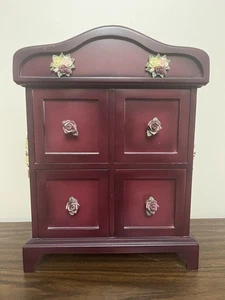 Vintage Stil roter Holz Schmuck Schrank - 4 Schubladen, Blumenschnitzereien, 14" hoch - Bild 1 von 8