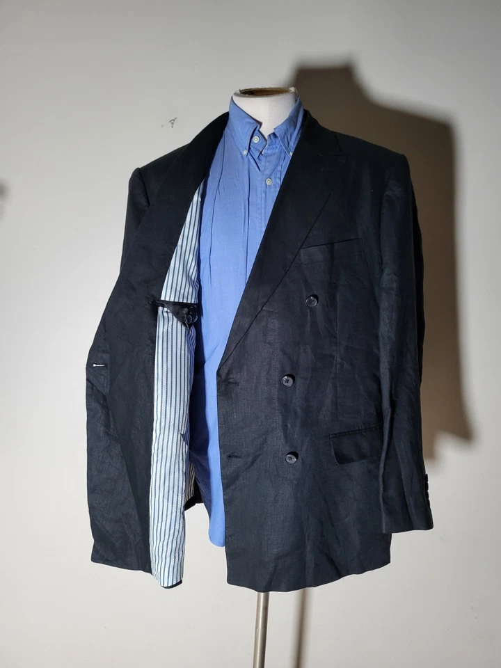 48R 2XL INSEARCH 黑色双排扣 6/4 亚麻纽扣夹克外套运动外套 — 第 1/4 张图片