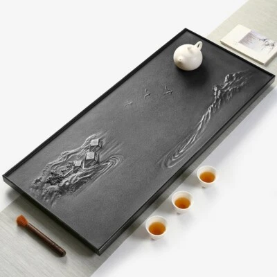 Full Handmade Carved Tea Tray Mountain House Embossed Stone Tea Table Heavy New - Image 1 of 4