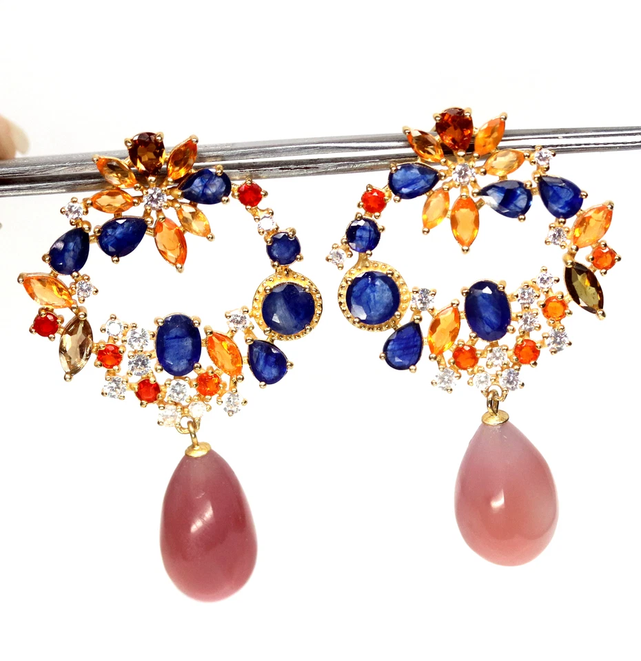 11 X 19 mm. Bi-Color Agate Sapphire Fire-Opal...Earrings Silver 925 Sterling - Image 1 of 4