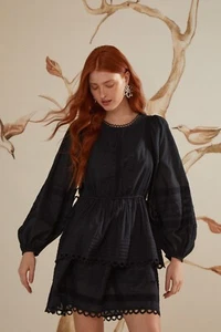 NEW, Farm Rio black lace long sleeve mini dress SZ M  #EP83 - Picture 1 of 10