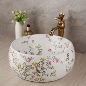 Lavabo tondo ceramica ciotola lavabo lavandino rubinetto miscelatore rubinetto oro scarico pop - Foto 1 di 11