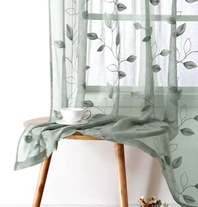 Sage Green Sheer Curtains 52 X 63 Inches Length 2 Panels Embroidered Leaf Patter - Picture 1 of 12