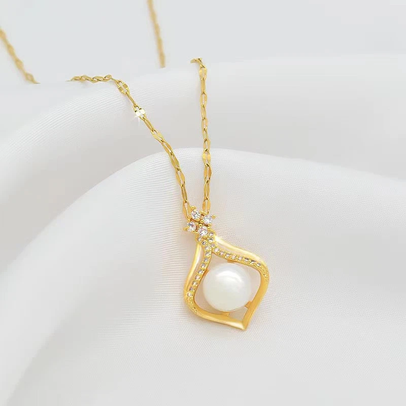 Damen Halskette Gold Silber 18 Karat vergoldter Edelstahl Luxus Halskette Perle - Bild 1 von 4