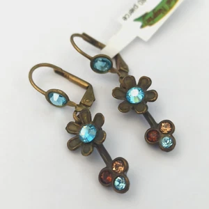 Michal Negrin Earrings Blue Flower Stem Leaf With Swarovski Crystal Dainty Drop - Picture 1 of 14