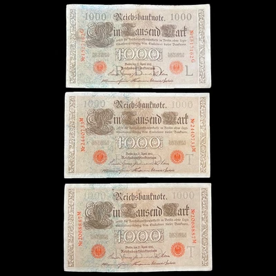 3x 1910 German 1000 Mark Banknote WW1 Military Coin Sub Pre Fascist Hitler Nazi - Image 1 of 4