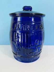 VTG Rare Planters 12”Running Mr. Peanut~Cobalt Blue Glass Barrel Jar~Printed Lid - Picture 1 of 13