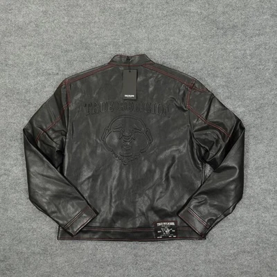 Chaqueta True Religion Para Hombre Grande Negro Jet PU Moto Imitación Cuero Buda Espalda Logo Foto 1 de 4