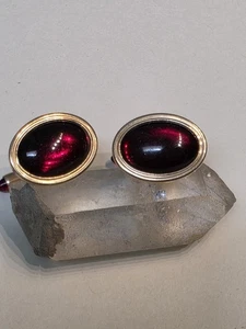 Vintage Krementz Cufflinks Gold Tone Red Cabochon Mens Jewelry - Picture 1 of 7