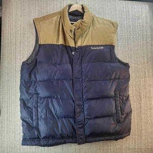 Timberland Vest Mens XL Navy Tan Corduroy Yoke Puffer Quilted Snap Front Logo - Picture 1 of 5