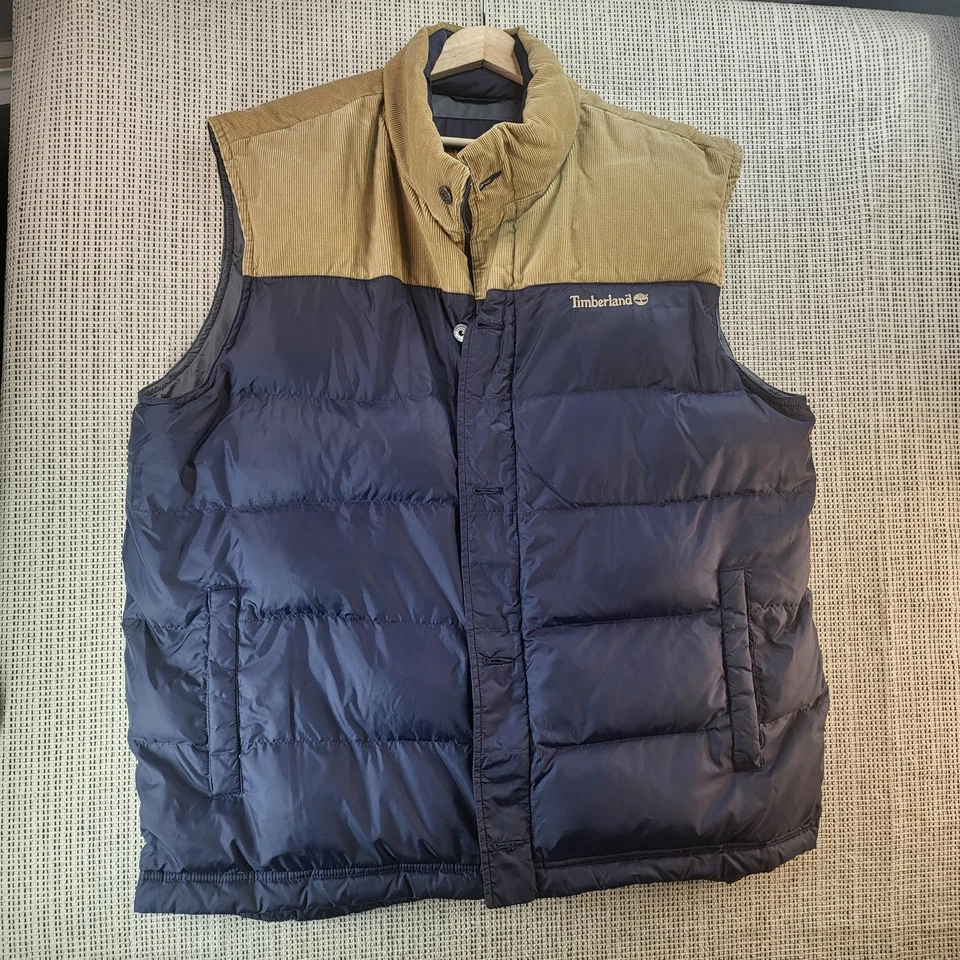 Timberland Vest Mens XL Navy Tan Corduroy Yoke Puffer Quilted Snap Front Logo - Image 1 of 4