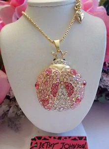 BETSEY JOHNSON SPARKLING PINK CRYSTAL & RHINESTONE LADYBUG PENDANT NECKLACE - Picture 1 of 7