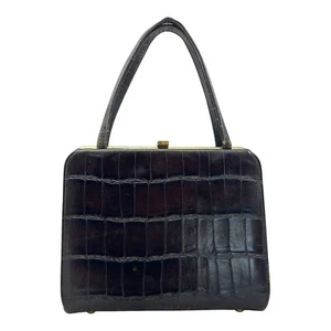 Vintage 50s 60s Croc Embossed Leather Satchel Bag Handbag Structured Reptile - Picture 1 of 18