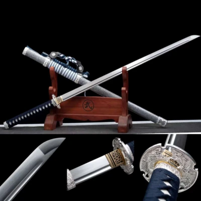 Espada katana recta Ninjato plateada hecha a mano lista para la batalla hoja de acero de primavera Foto 1 de 4