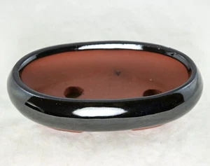 Flat Narrow Oval Bonsai, Succulent Pot + Mesh 7.25"x 4.5"x 1.75" - Black Glazed - Picture 1 of 5