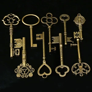9pcs Vintage Antique Bronze Skeleton Keys Cabinet Barrel Old Locker Collection - Picture 1 of 5