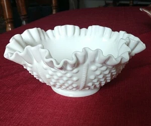 Vintage Fenton White Milk Glass Hobnail Rope Ruffled Crimped Edge Vase Bowl 8” - Picture 1 of 6