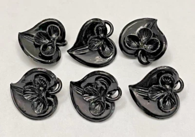 Vintage Set of 6 Extruded Black Celluloid Realistic LEAF Buttons - 13/16" (A-C1) - Image 1 of 4