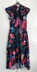 Lipsy Size 10, Black Multicoloured Floral Midi Dress, Frill/ruffle Detail, New - Picture 1 of 3