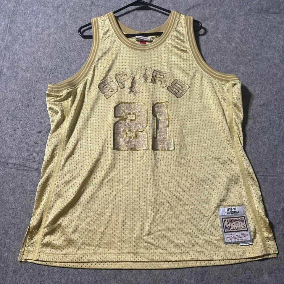 RARE Authentic Mitchell & Ness Spurs #21 Tim Duncan 1998-99 GOLD NBA Jersey 2XL - Image 1 of 4