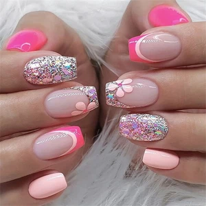 Prensa Falso Rosa Uñas Uñas Arte para en Rosa Brillo Corto 24 Piezas Cuadrado EE. UU. - Imagen 1 de 6
