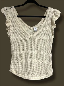 Melrose and Market Knit Cotton Ivory Flutter Sleeve Sweater Open stitch Small - Picture 1 of 14
