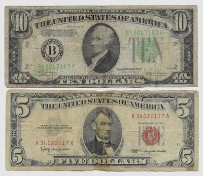 US CURRENCY: 1934C $10 FRN GREEN SEAL FR. 2004B & 1963 $5 USN RED SEAL FR. 1536 - Image 1 of 2
