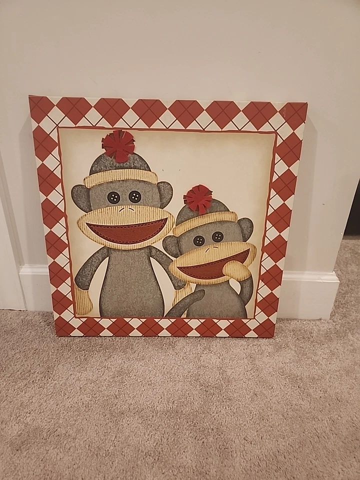 Cuadro en lienzo calcetín mono habitación bebé pintura rojo y gris 20"x20" guardería Foto 1 de 4