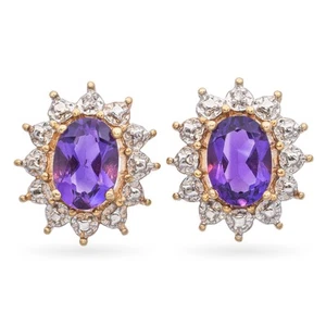 14k Yellow Gold 1.38tcw Amethyst and Diamond Halo Stud Earrings - Picture 1 of 6