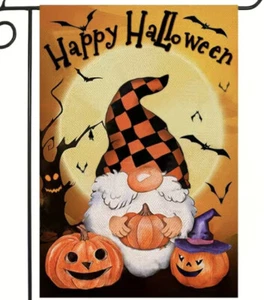 BANDERA DE JARDÍN DE LINO DE HALLOWEEN 12""X18"" ""FELIZ HALLOWEEN"" GNOMO, JACK-O-LANTERNS NUEVO - Imagen 1 de 1