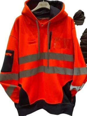 Men Hi-Viz Vis High Visibility Jacket Hoodie Work 4 Zip Hooded sweatshirt Fleece - Image 1 of 4