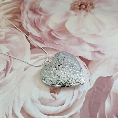 Collar de medallón de corazón grande de plata esterlina 925 de colección sólida foto, recuerdo Foto 1 de 3